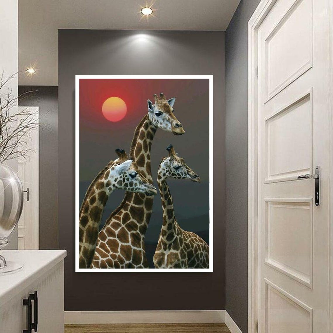 Three Giraffes Silhouetted By A Giant Red Sun African Safari Poster - Image 2