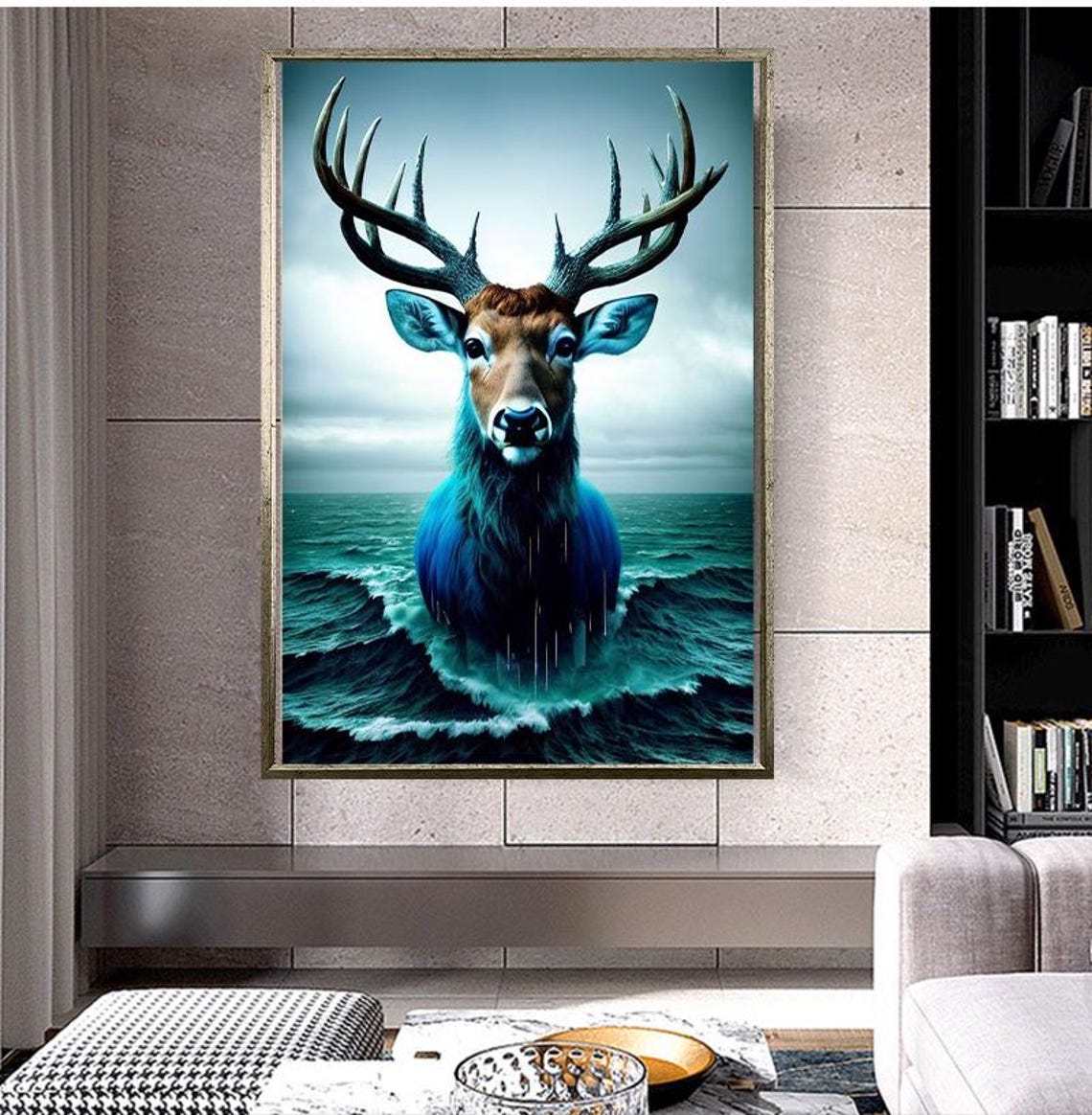 Majestic Stag Emerging From Ocean Waves Surreal Wildlife Poster - Image 2