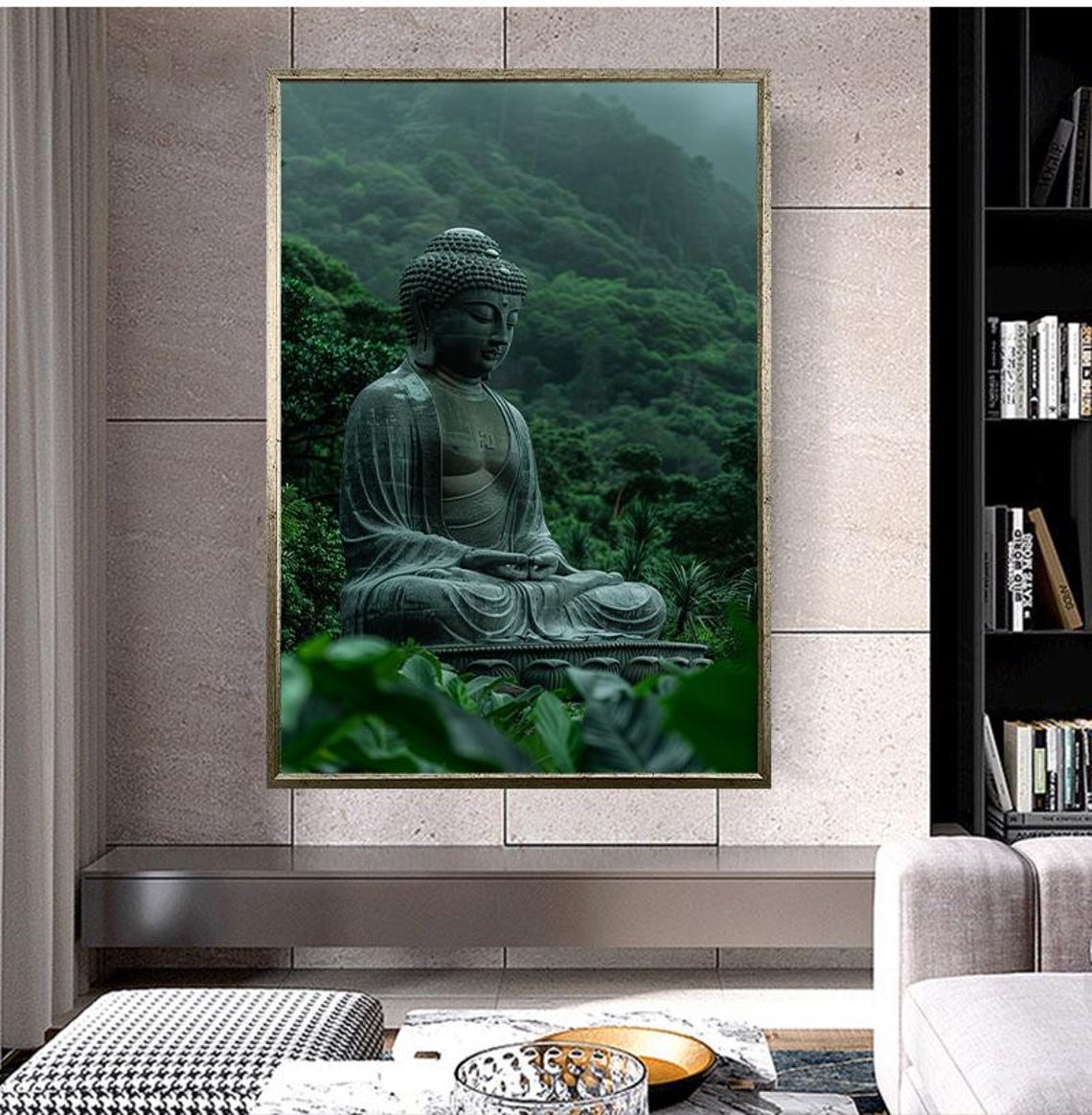 Ancient Stone Buddha Statue Meditating In Misty Green Forest Poster - Image 4