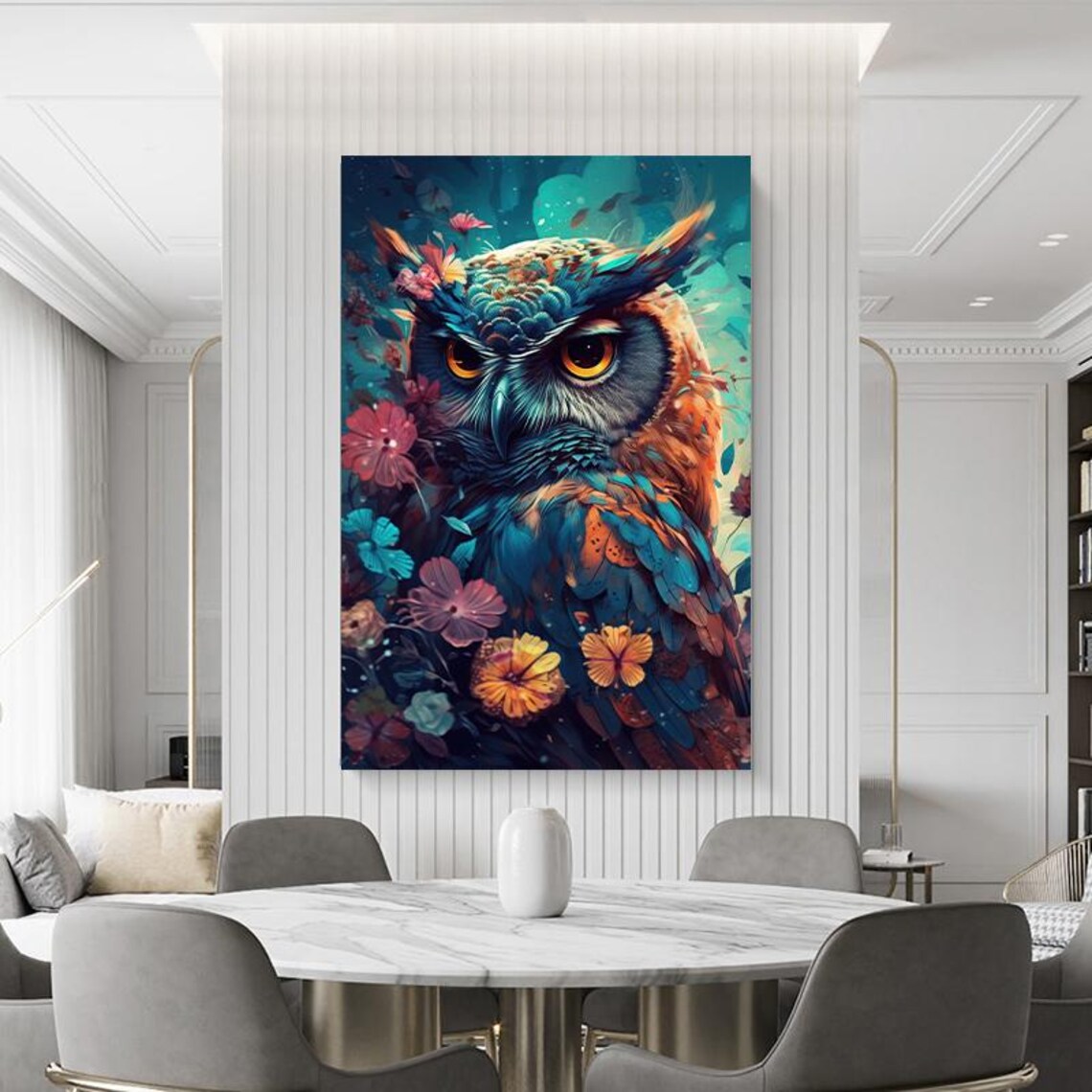 Colorful Owl Portrait Among Bright Blooming Flowers Garden Poster - Image 3