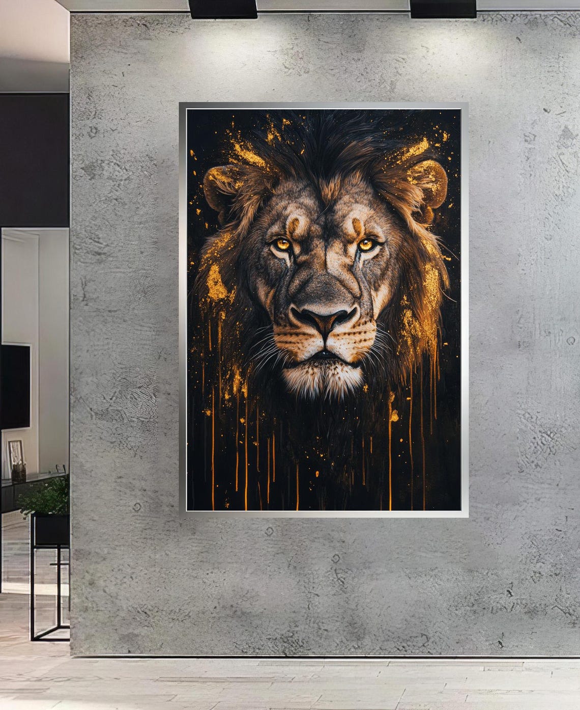 Striking Lion Face With Molten Gold Paint Drips on Black Poster - Image 5