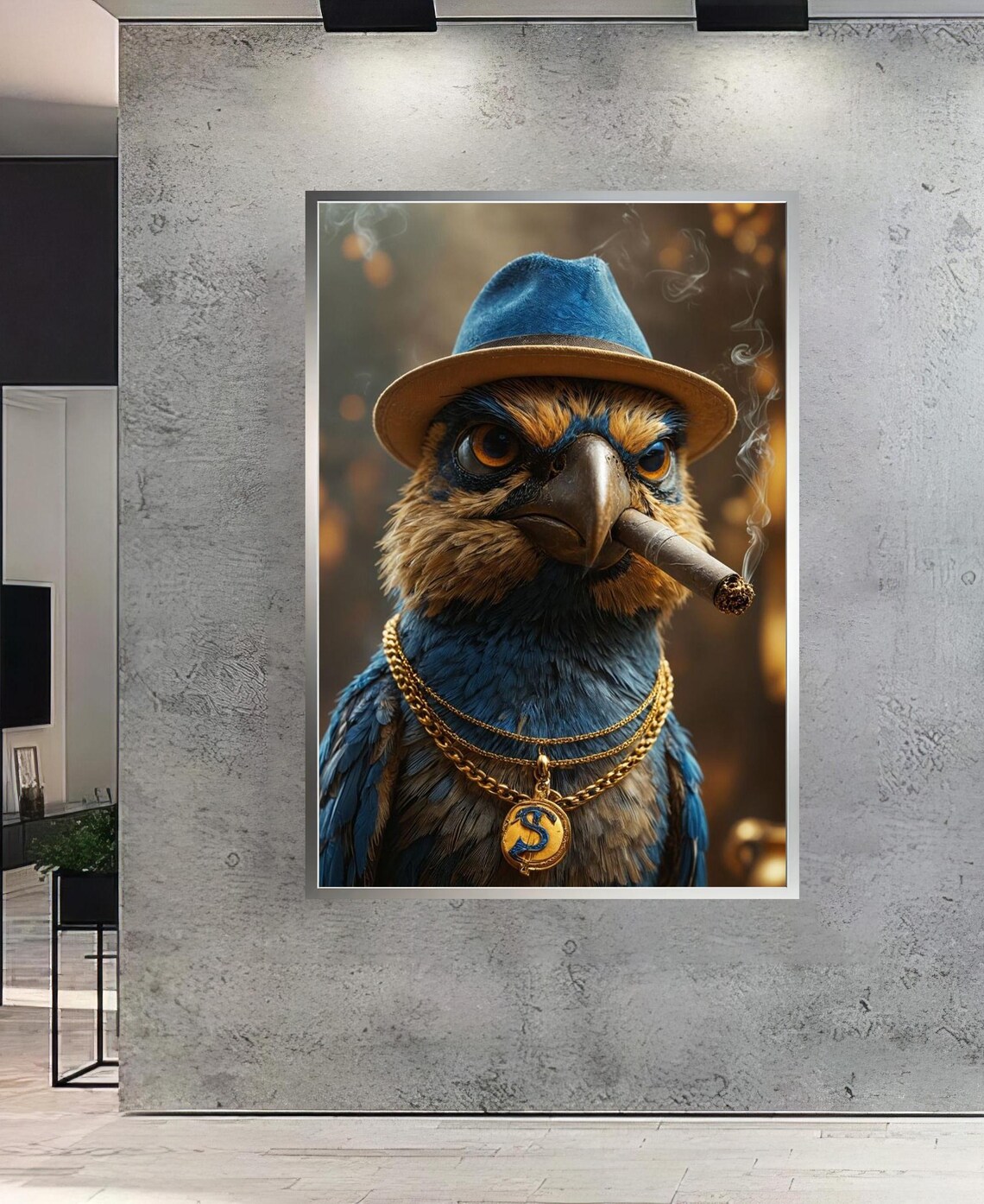 Blue Bird in a Fedora Smoking a Cigar Gangster Style Art Poster - Image 2