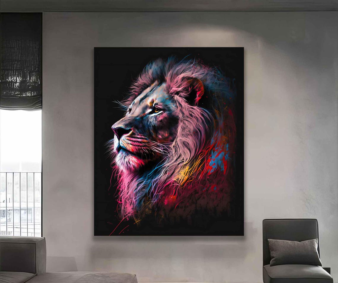 Colorful Neon Lion Profile Pink Blue Black Canvas Art Wall Poster - Image 4