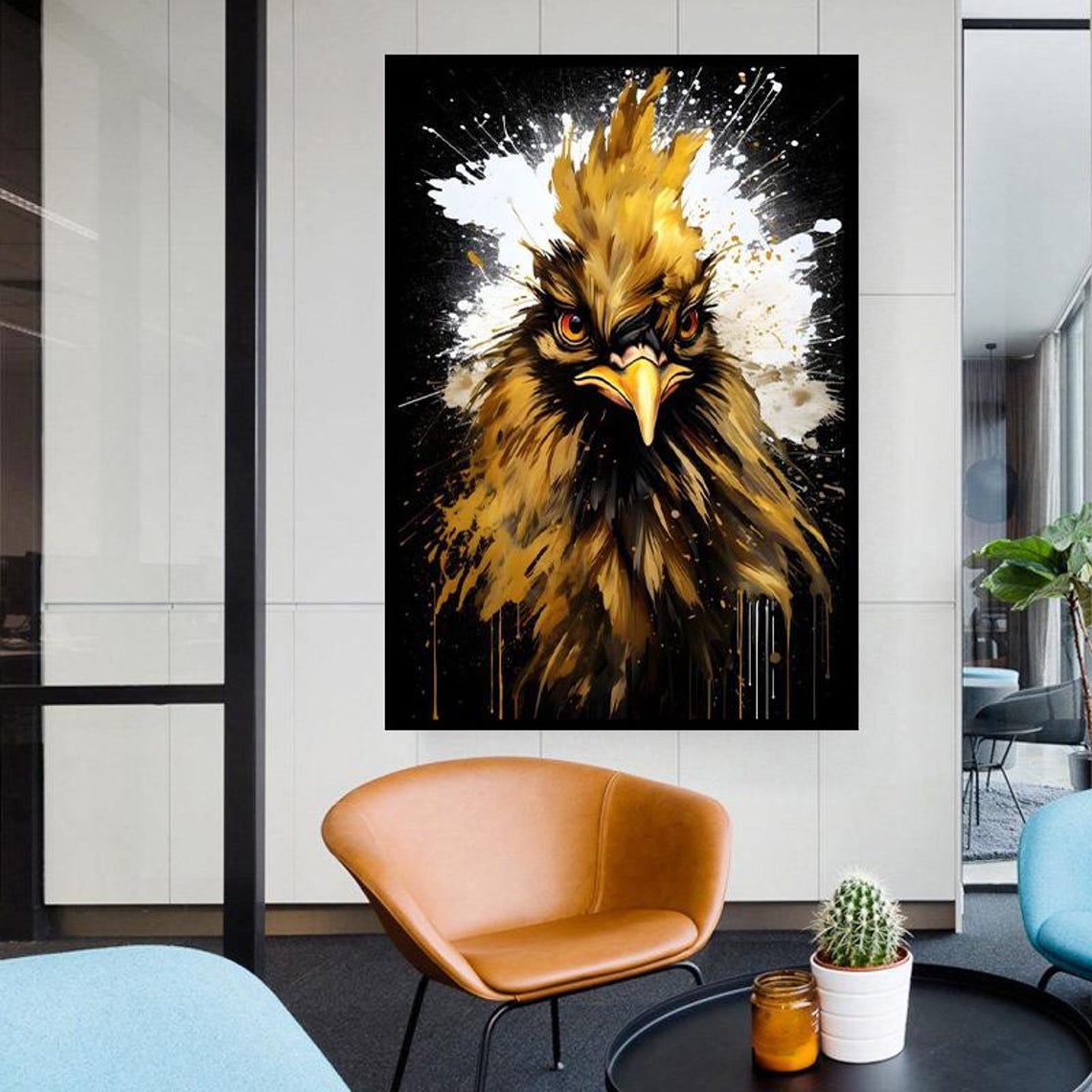 Golden Rooster Close-Up Portrait on Black Paint Splatter Art Poster - Image 4