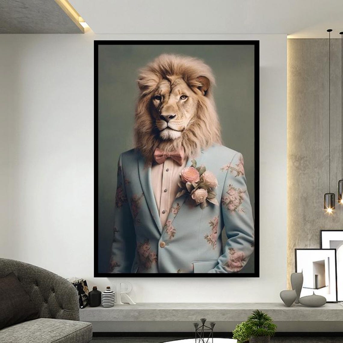 Dapper Lion In Blue Floral Suit With Pink Bow Tie Portrait Poster - Image 2