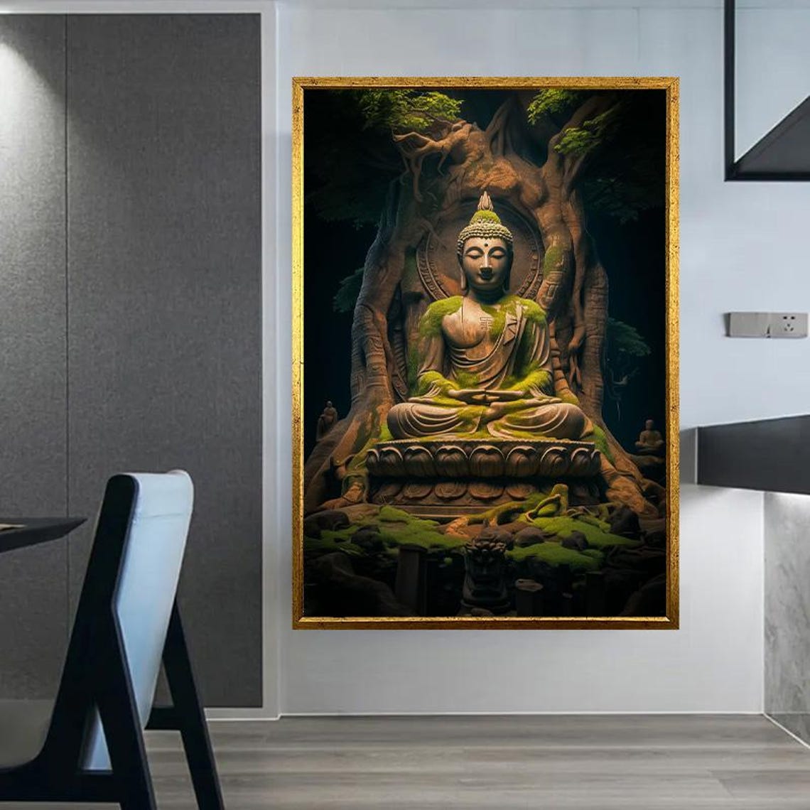 Meditating Buddha Statue Beneath Ancient Tree Roots Zen Art Poster - Image 5