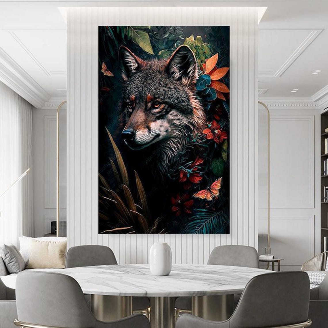 Wolf Portrait Among Dark Flowers And Butterflies Forestcore Poster - Image 3