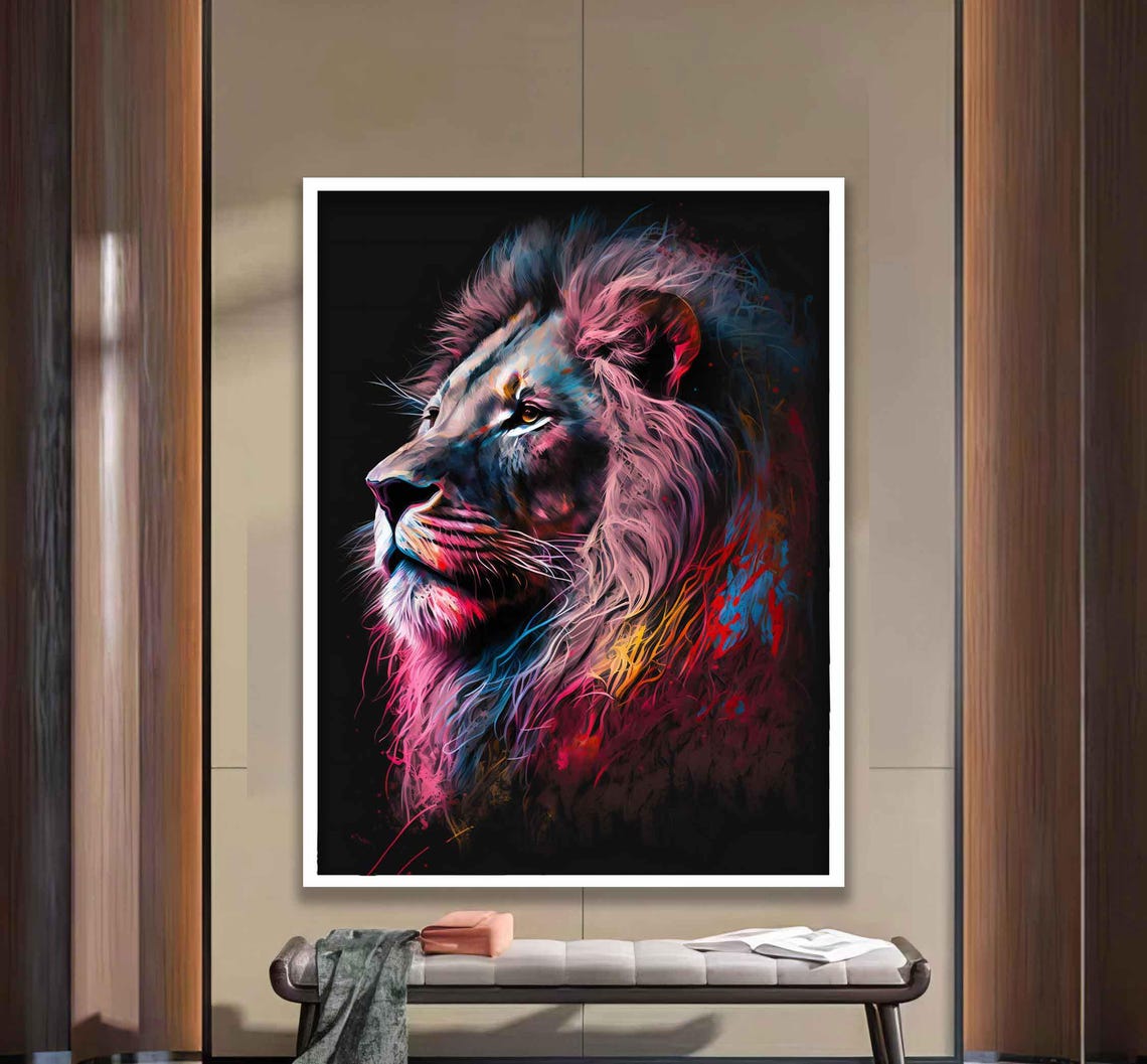 Colorful Neon Lion Profile Pink Blue Black Canvas Art Wall Poster - Image 2