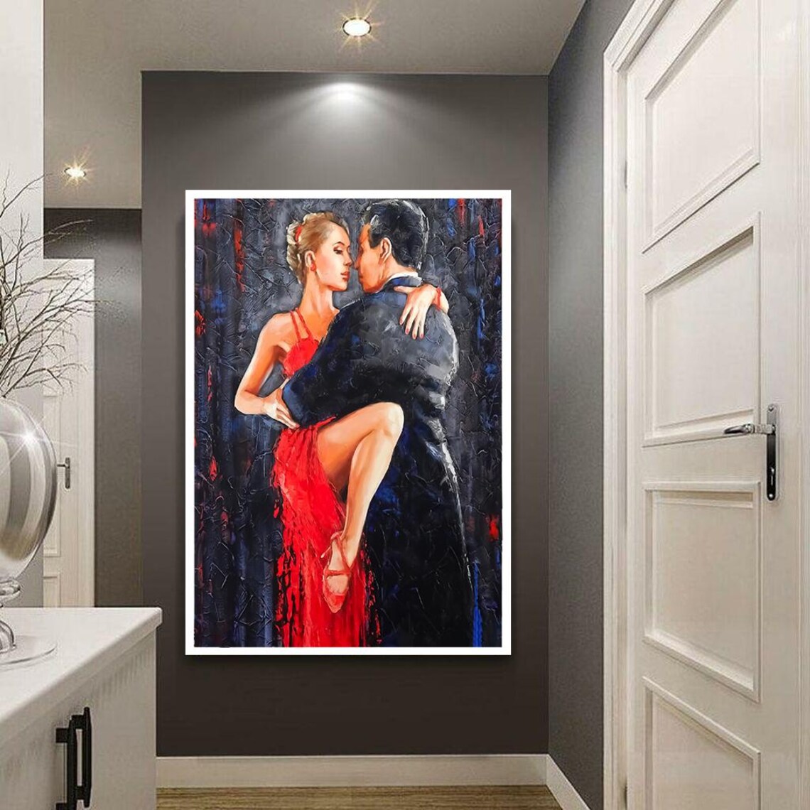 Passionate Tango Lift in Flowing Red Gown Romantic Dance Art Poster - Image 4