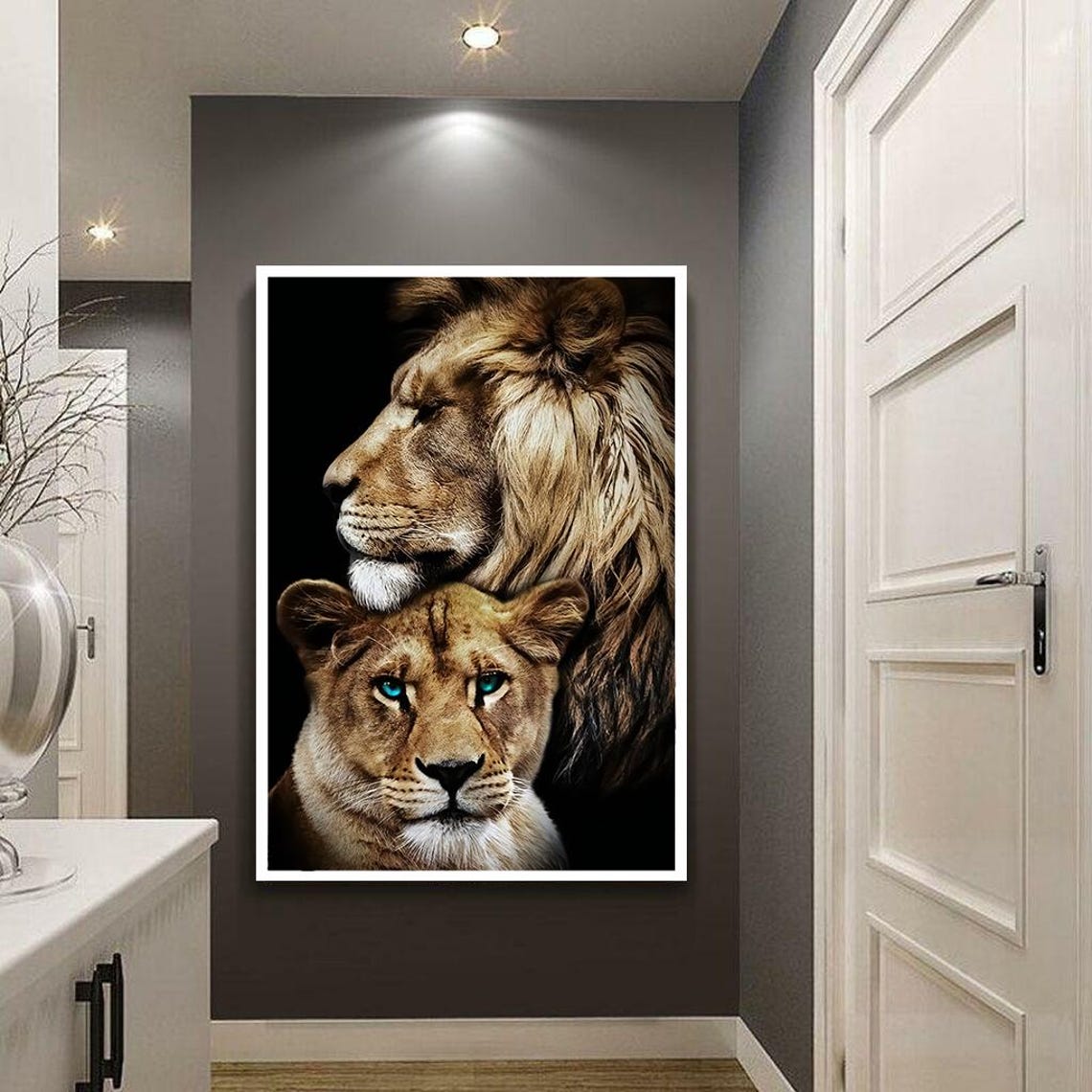 Majestic Lion Nuzzling Its Cub Tender Wildlife Portrait Poster - Image 2