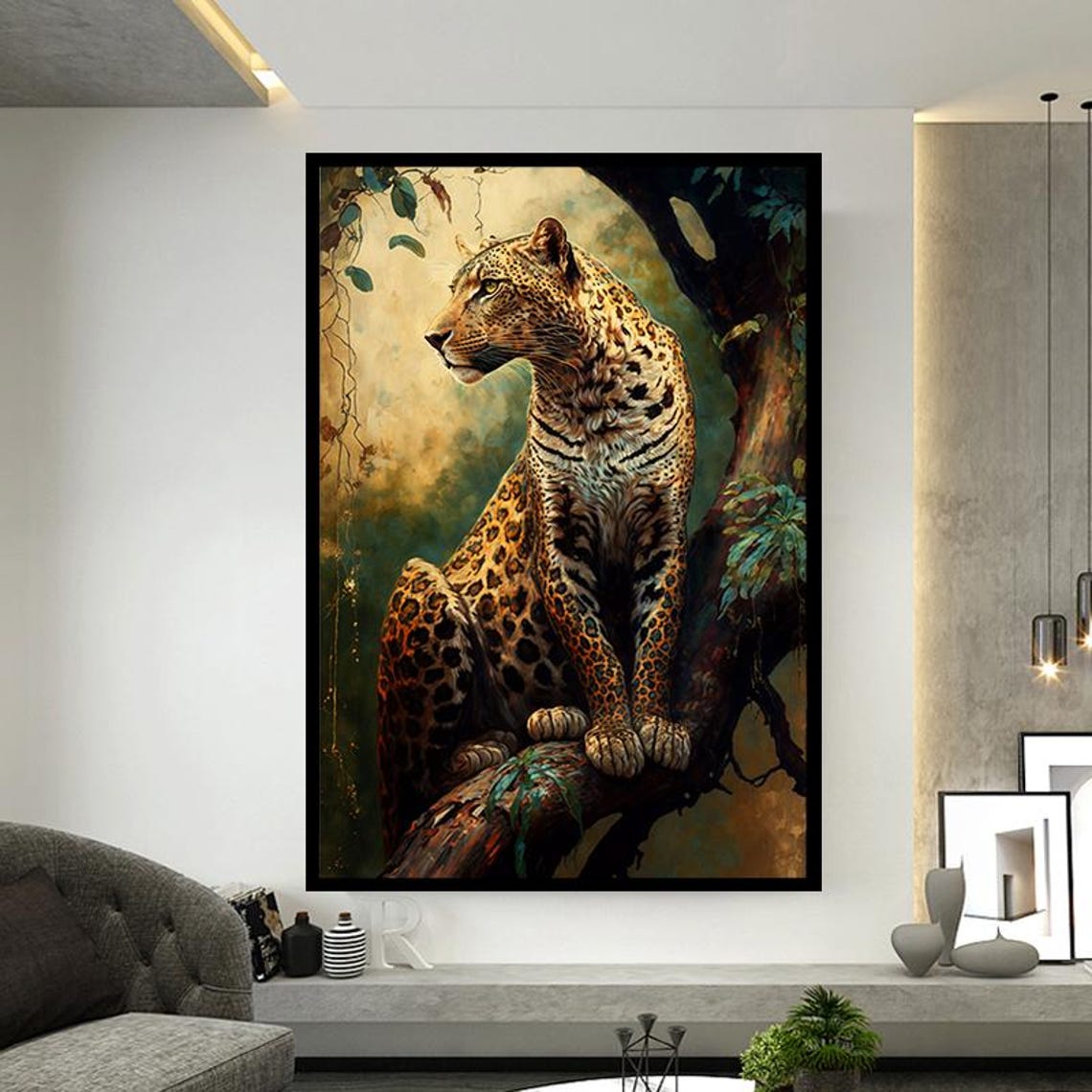 Spotted Leopard Sitting On A Tree Branch Wild Big Cat Art Poster - Image 4