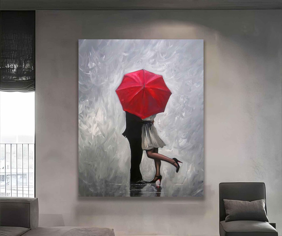 Red Umbrella Couple in the Rain Romantic Love Painting Poster - Image 5