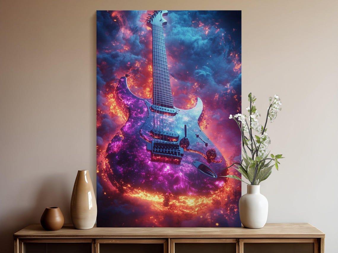 Fiery Electric Guitar Rising From Cosmic Red And Blue Flames Wall Art - Image 5