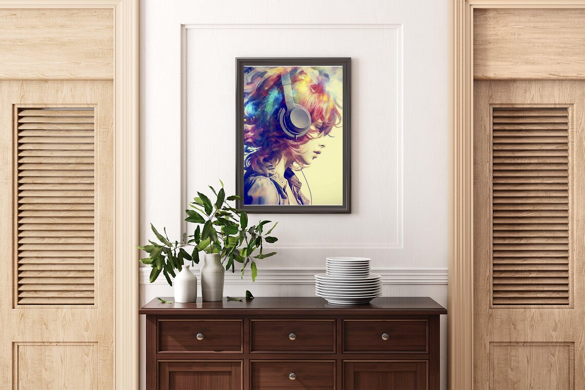 Girl Profile With Headphones And Vibrant Multicolor Painted Hair Poster - Image 2