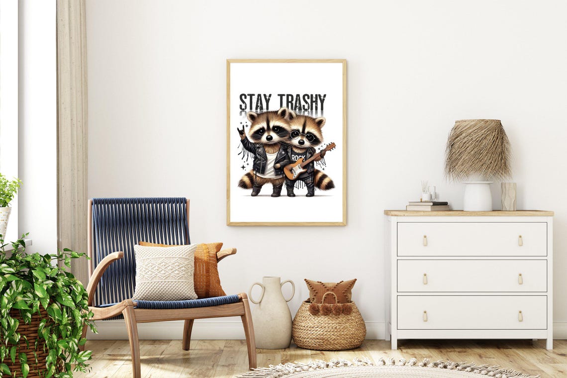 Stay Trashy Rocker Raccoons in Leather Jackets With Guitar Poster - Image 4