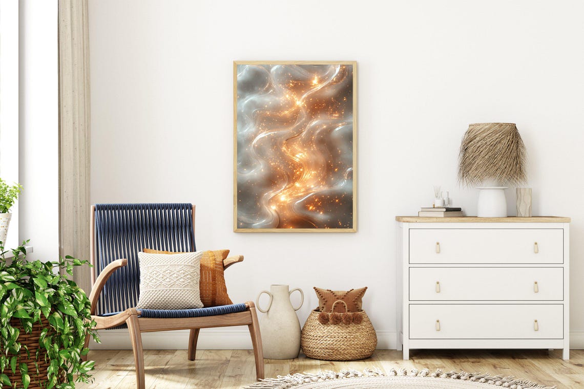 Golden Embers Swirling Through Silver Smoke Abstract Art Poster - Image 3
