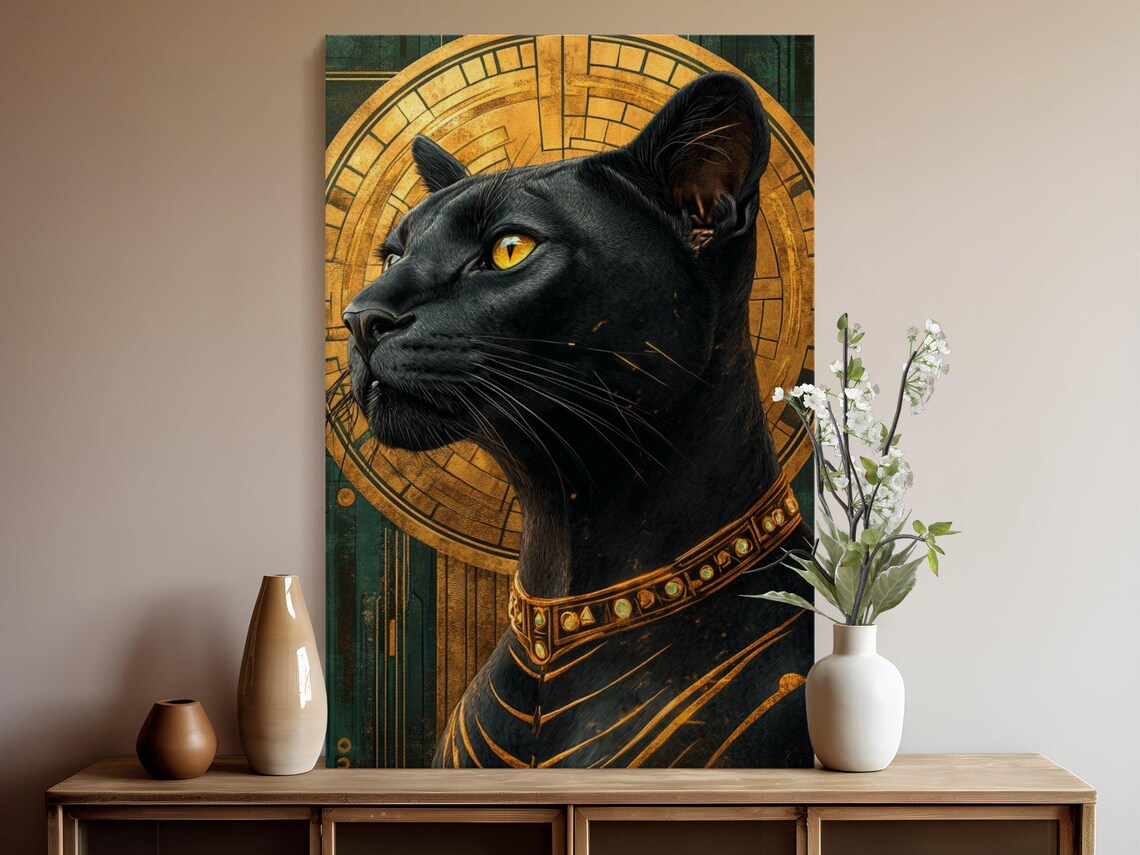 Regal Egyptian Black Cat With Golden Halo and Jeweled Collar Poster - Image 5