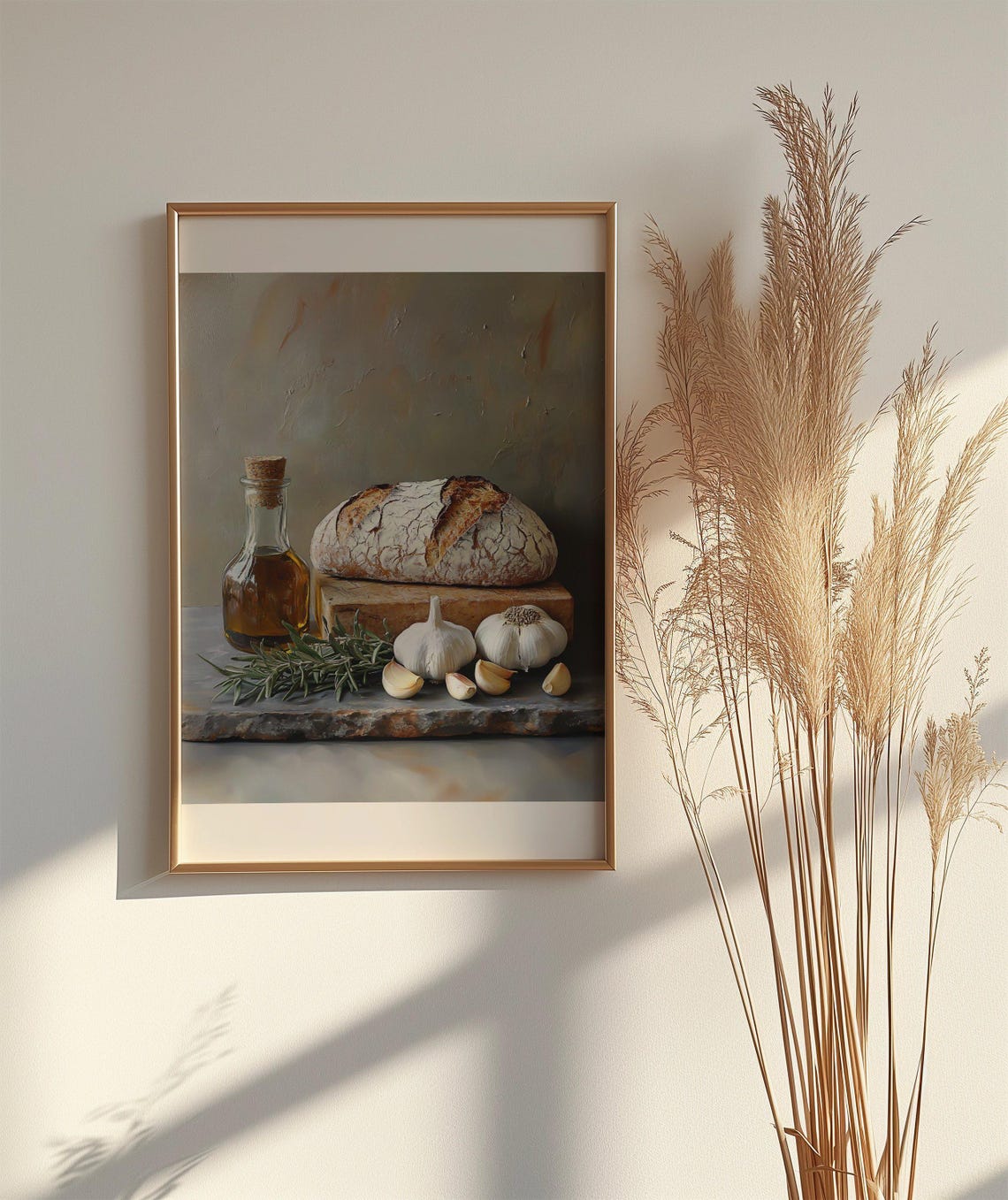 Rustic Sourdough Bread With Olive Oil And Garlic Still Life Print - Image 2