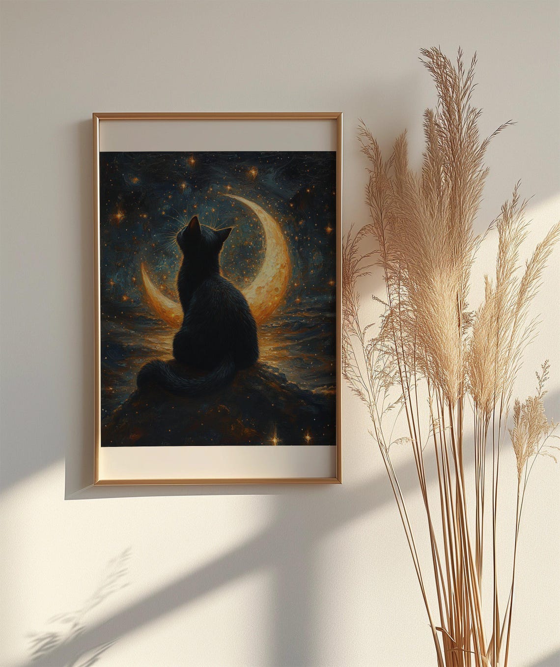 Black Cat Beneath a Glowing Crescent Moon Over the Night Ocean Poster - Image 2