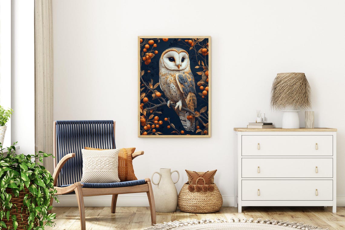 Barn Owl Perched Among Orange Berries on Midnight Blue Poster - Image 3