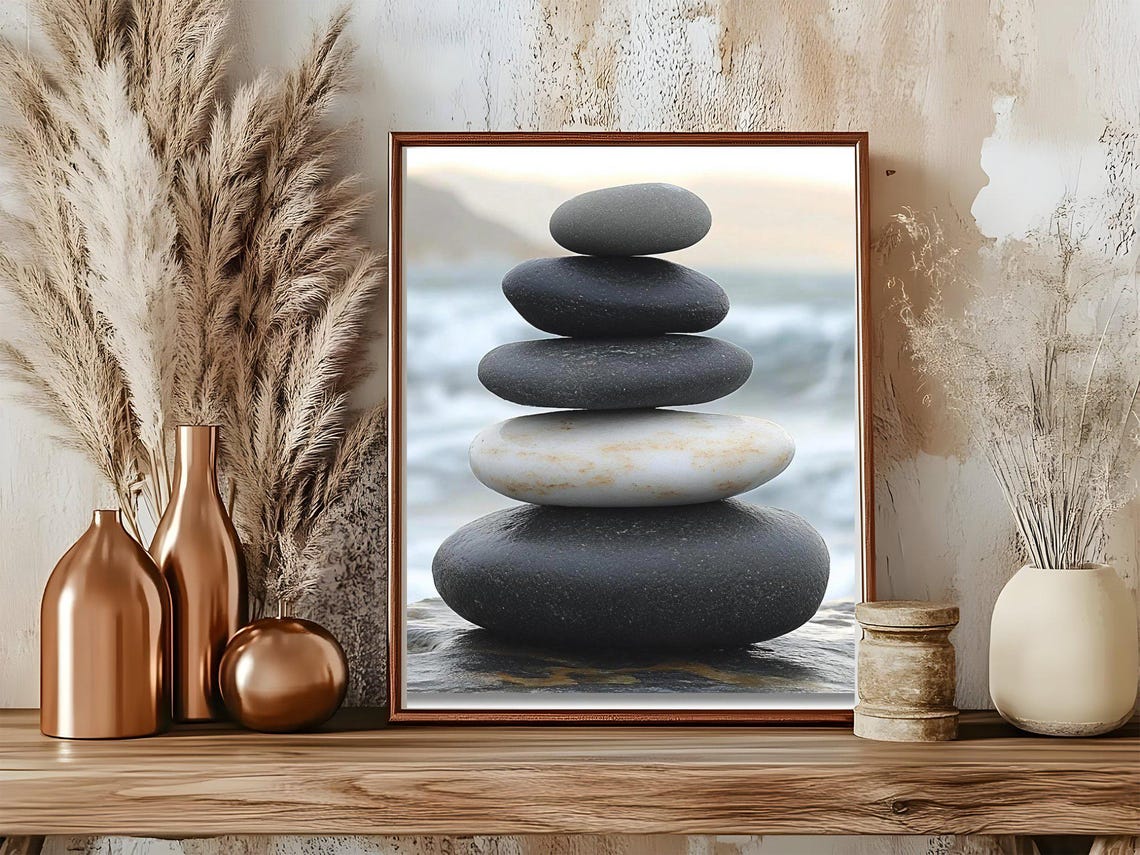 High Contrast Black and White Stone Stack Zen Balance Art Poster - Image 5