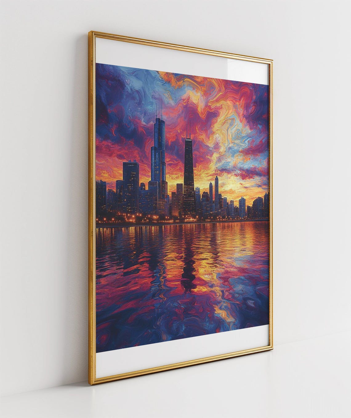 Chicago Skyline Ablaze in Vibrant Sunset Reflection Art Poster - Image 3