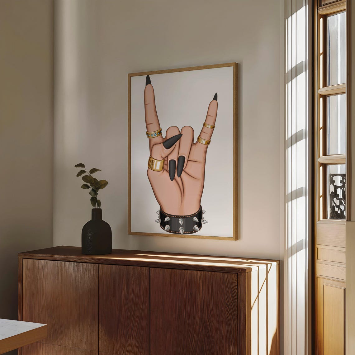 Rock On Hand Gesture With Gold Rings and a Spiked Cuff Poster - Image 2