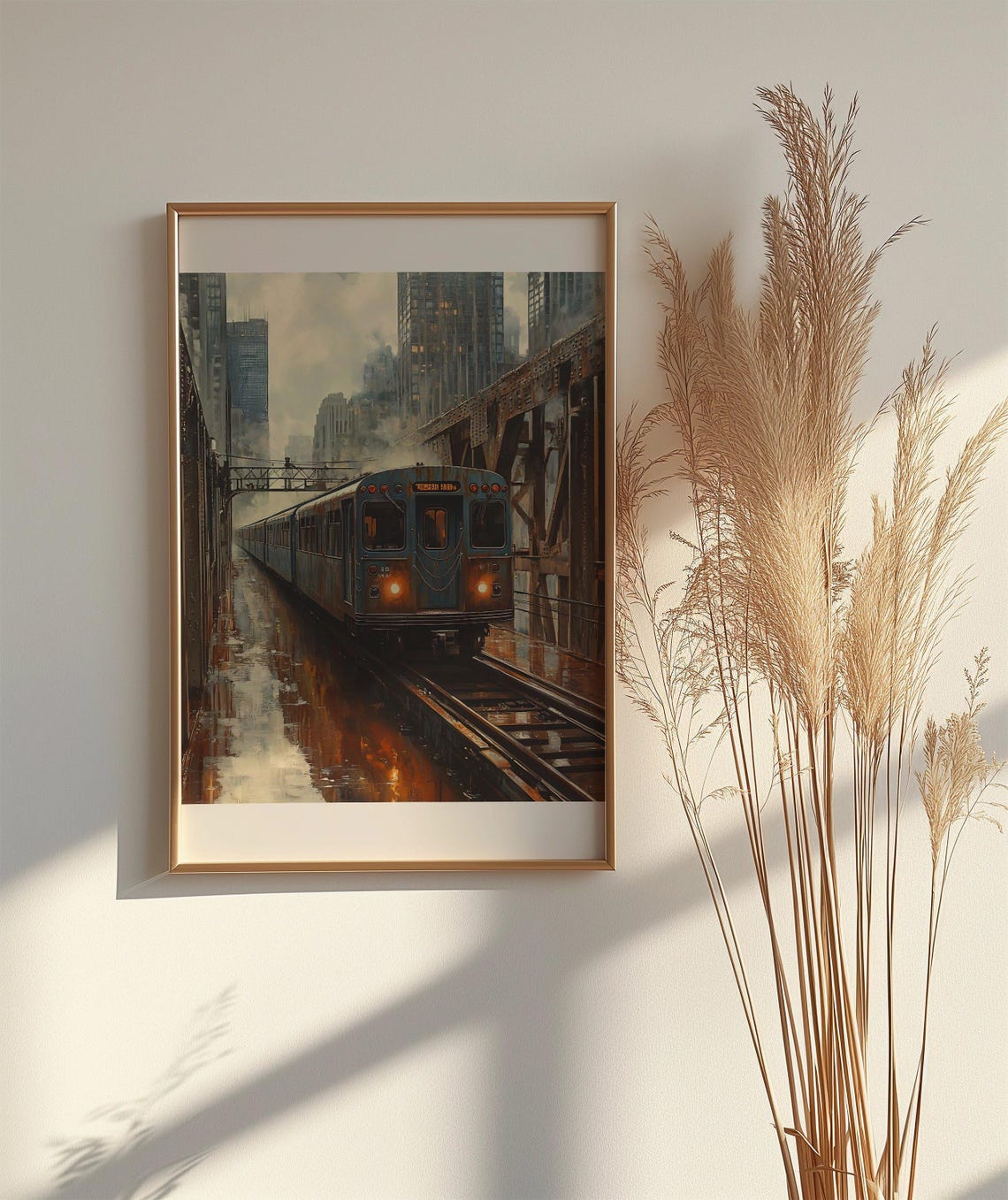 Moody City Train on Elevated Tracks Industrial Urban Scene Poster - Image 2