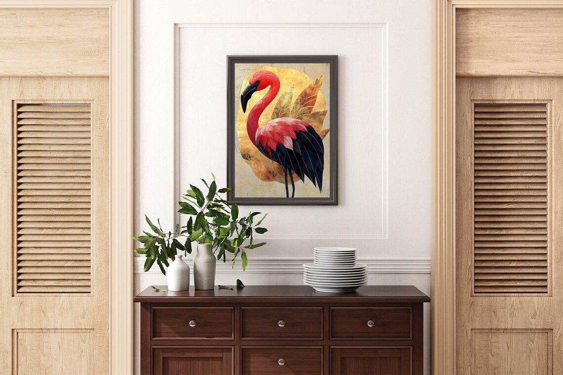 Elegant Flamingo Poster With Gold Accents and Textured Feathers - Image 2