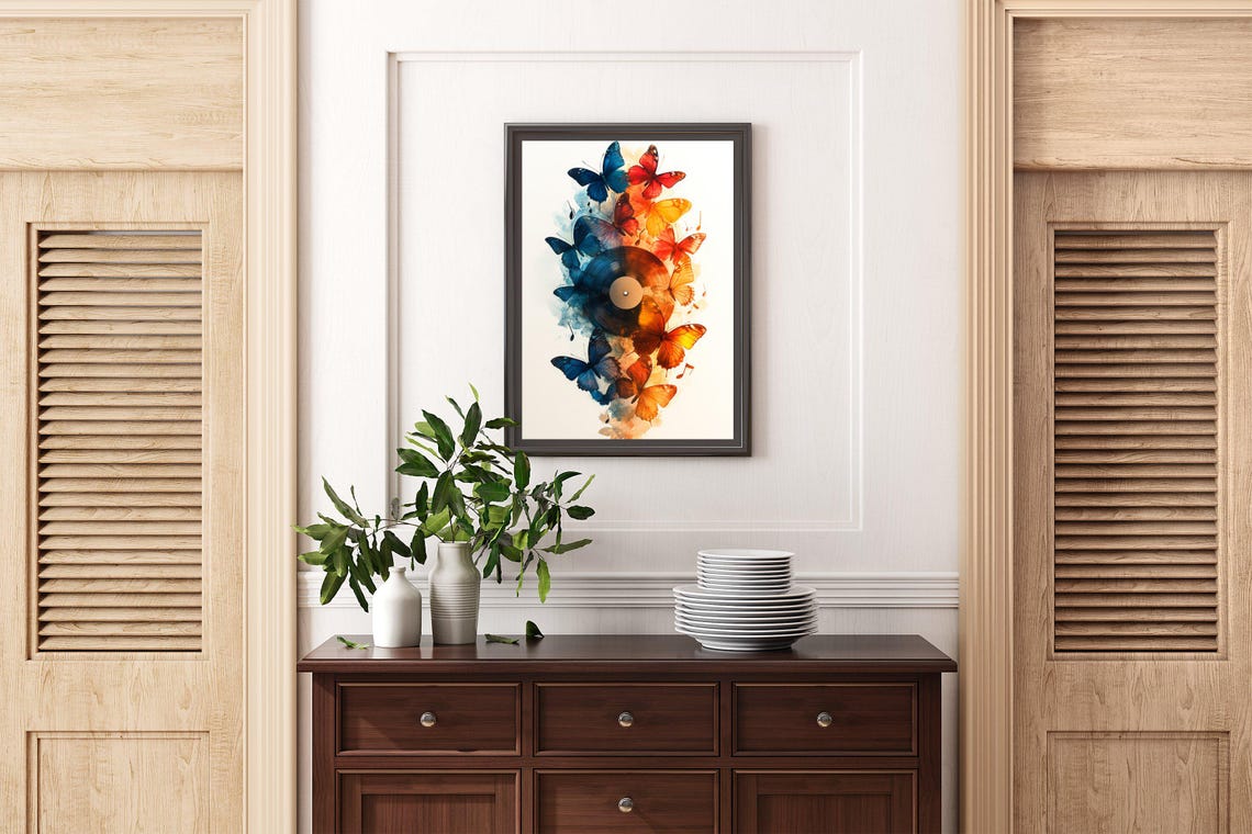 Colorful Butterflies Emerging From A Vinyl Record Watercolor Wall Art - Image 2
