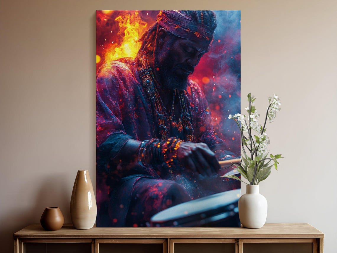 Fiery Tribal Drummer Playing Drums Amid Red And Blue Sparks Wall Art - Image 5