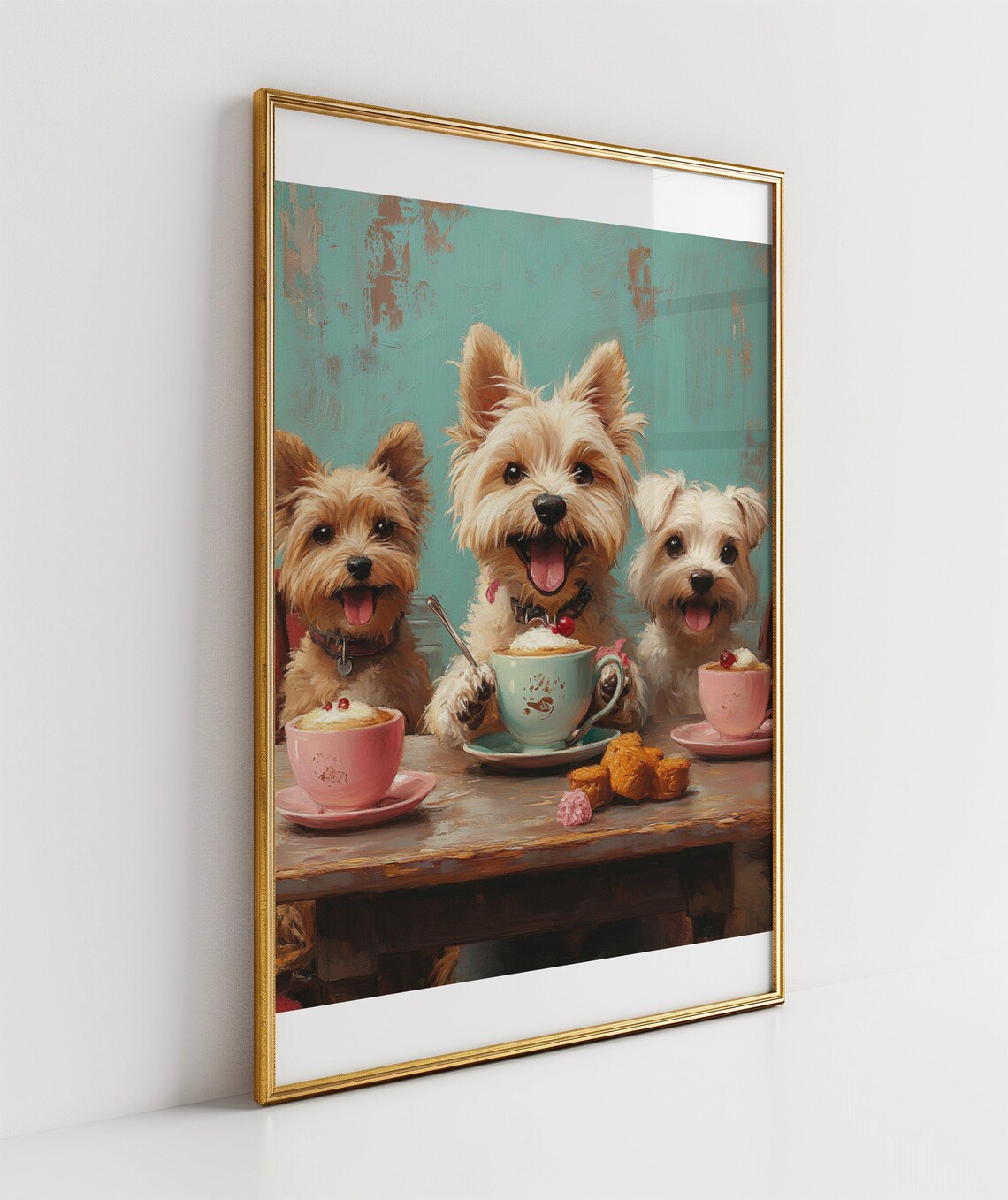 Three Happy Yorkie Puppies Sharing Hot Chocolate Treats Art Poster - Image 3