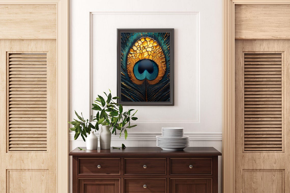 Peacock Feather Macro Poster With Golden and Teal Shimmering Detail - Image 2