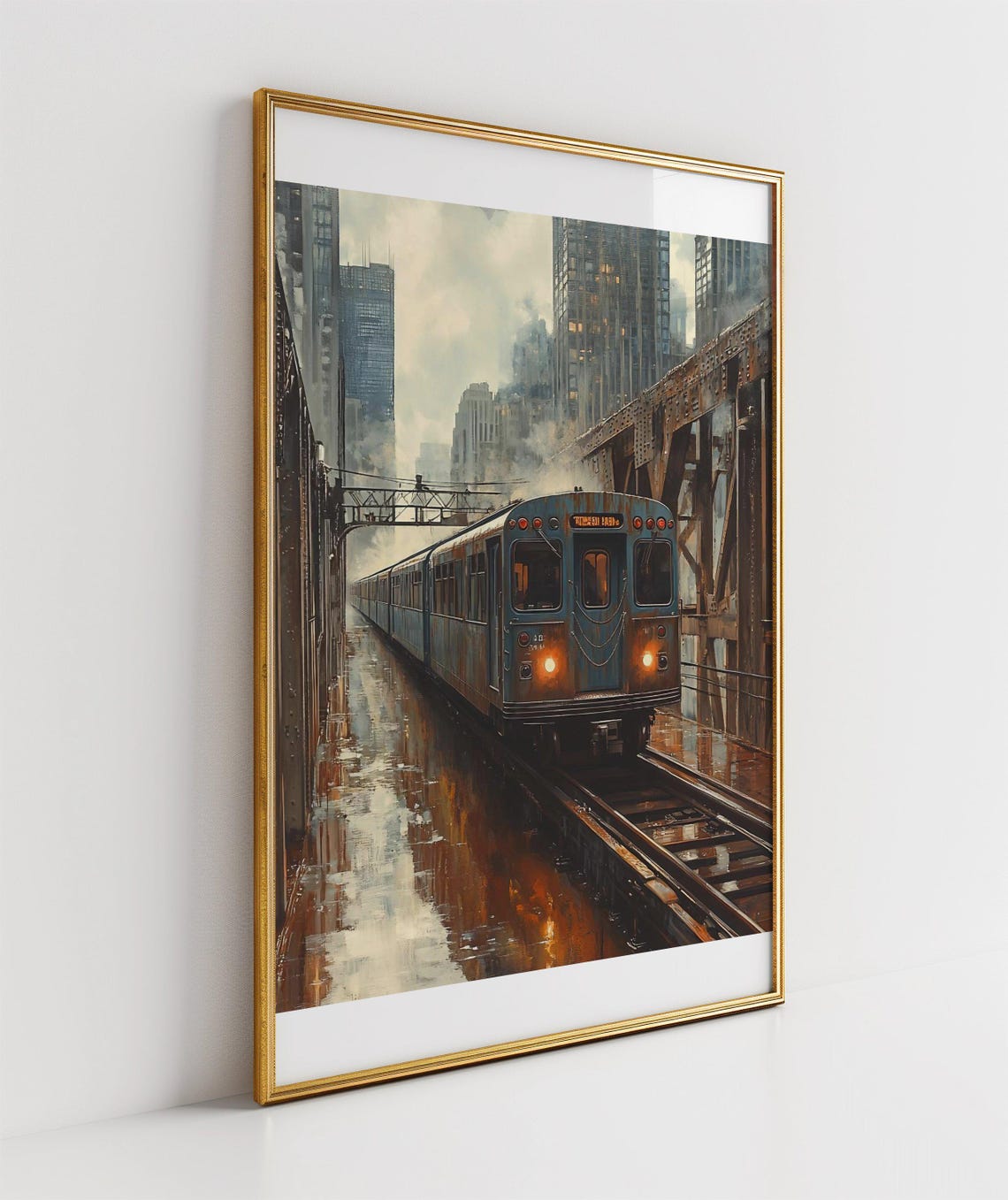 Moody City Train on Elevated Tracks Industrial Urban Scene Poster - Image 3