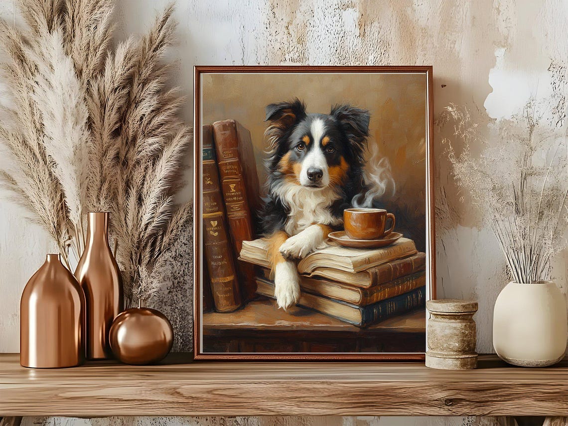 Fluffy Australian Shepherd Dog with Books and Coffee Art Poster - Image 5