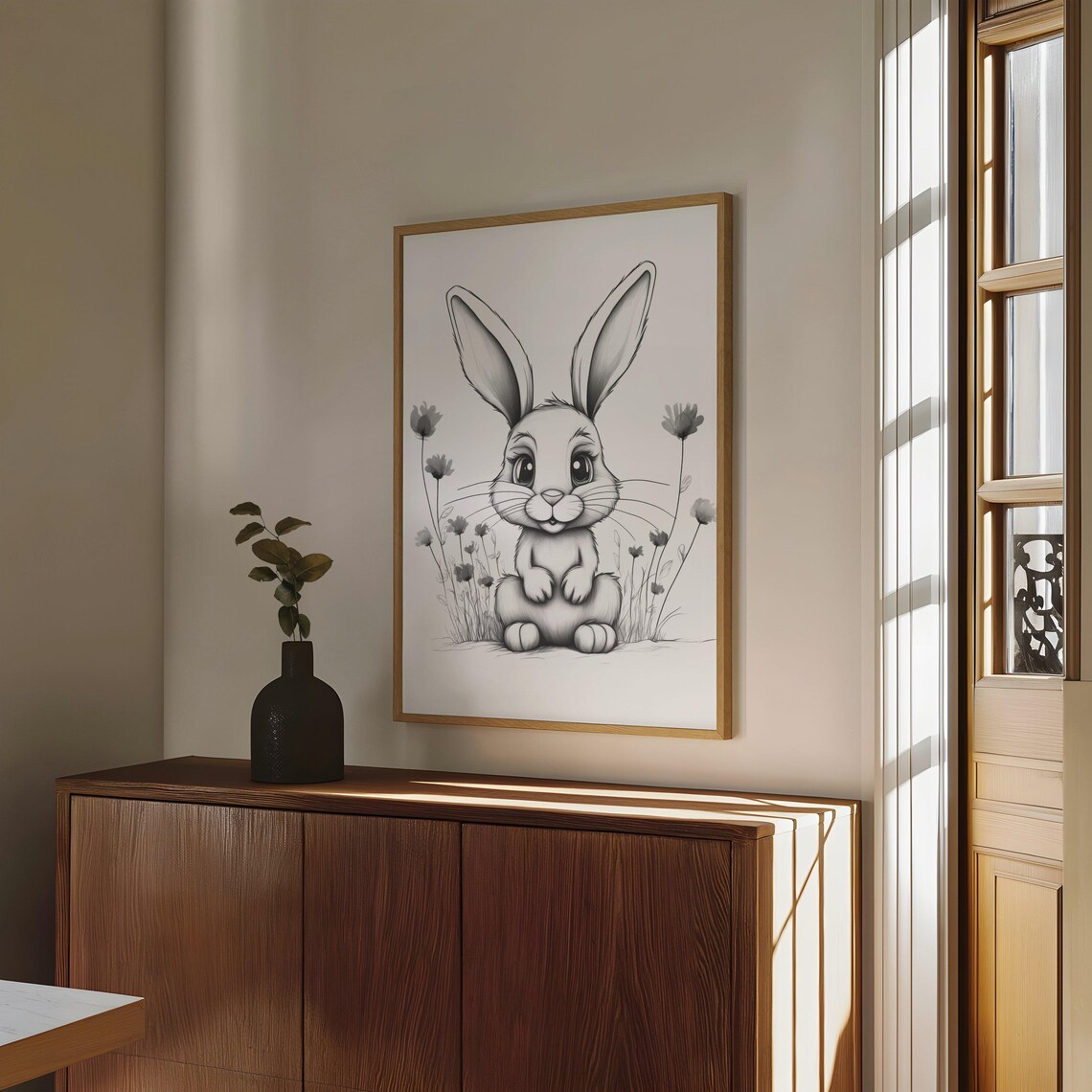 Adorable Bunny Sketch With Wildflowers Nursery Room Decor Poster - Image 4
