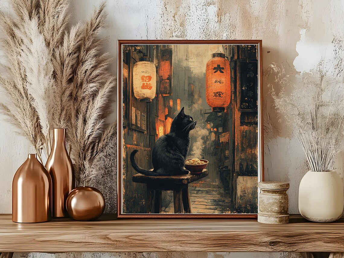 Black Cat in Japanese Street Poster With Lanterns and Noodles - Image 5