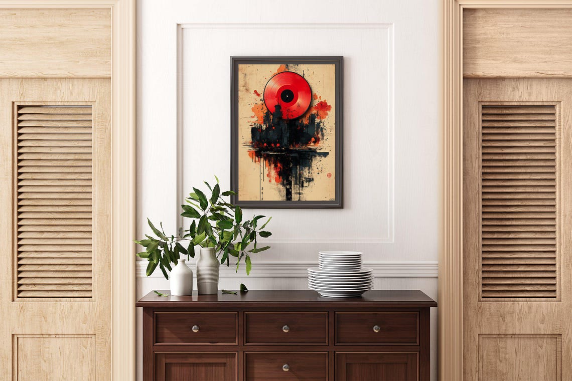 Red Vinyl Record Sun Rising Over A Dark Grungy Cityscape Wall Art - Image 2