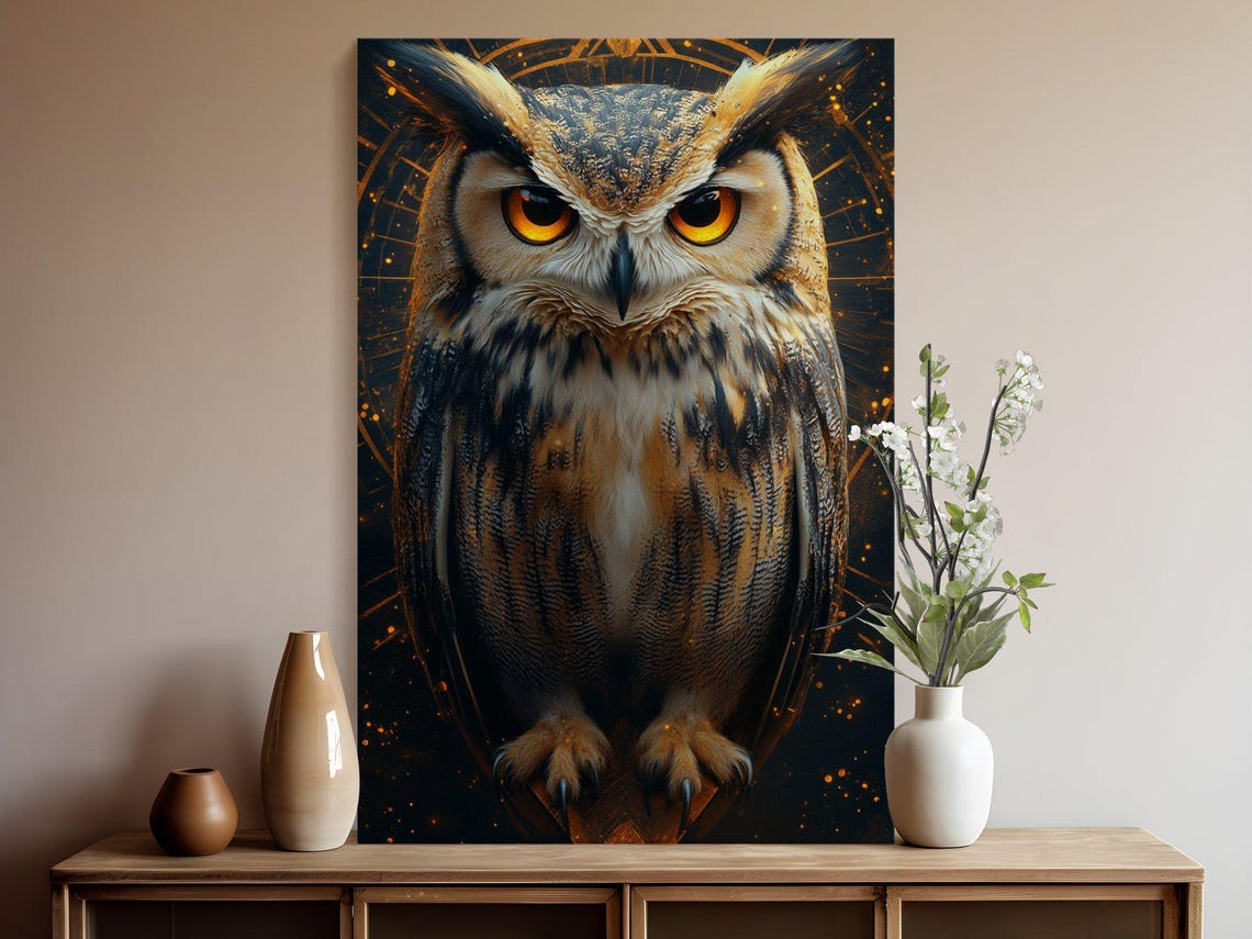 Great Horned Owl With Piercing Orange Eyes and Golden Halo Poster - Image 5