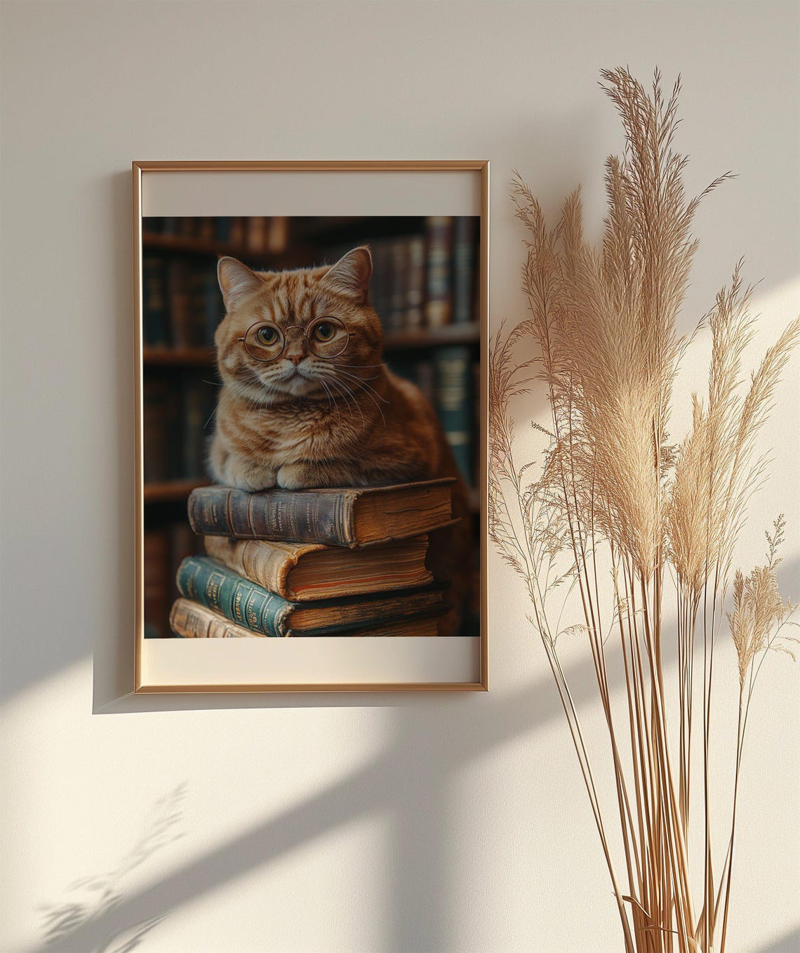 Scholarly Ginger Cat With Round Glasses Resting on Old Books Poster - Image 2