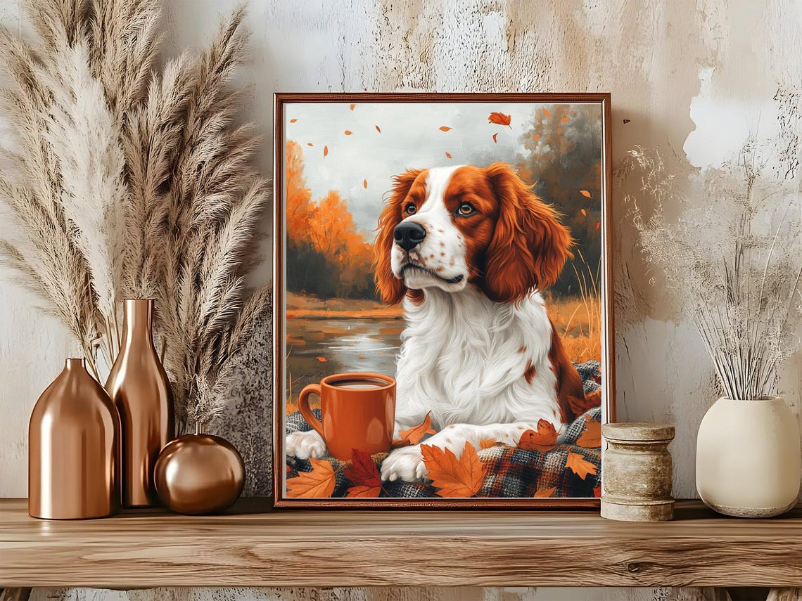 Sweet Spaniel Puppy Resting Among Falling Autumn Leaves Art Poster - Image 5