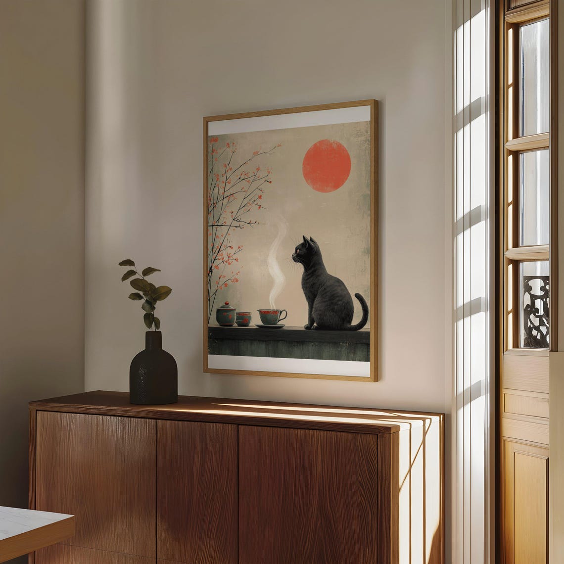 Black Cat With Tea Poster In Japanese Style With Red Sun Blossoms - Image 4