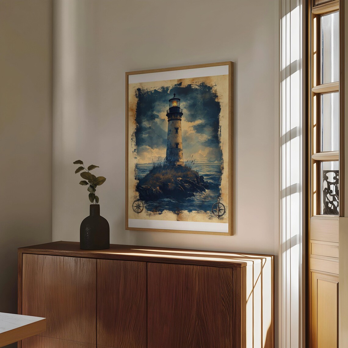 Glowing Vintage Lighthouse on Rocky Island Seascape Art Poster - Image 4