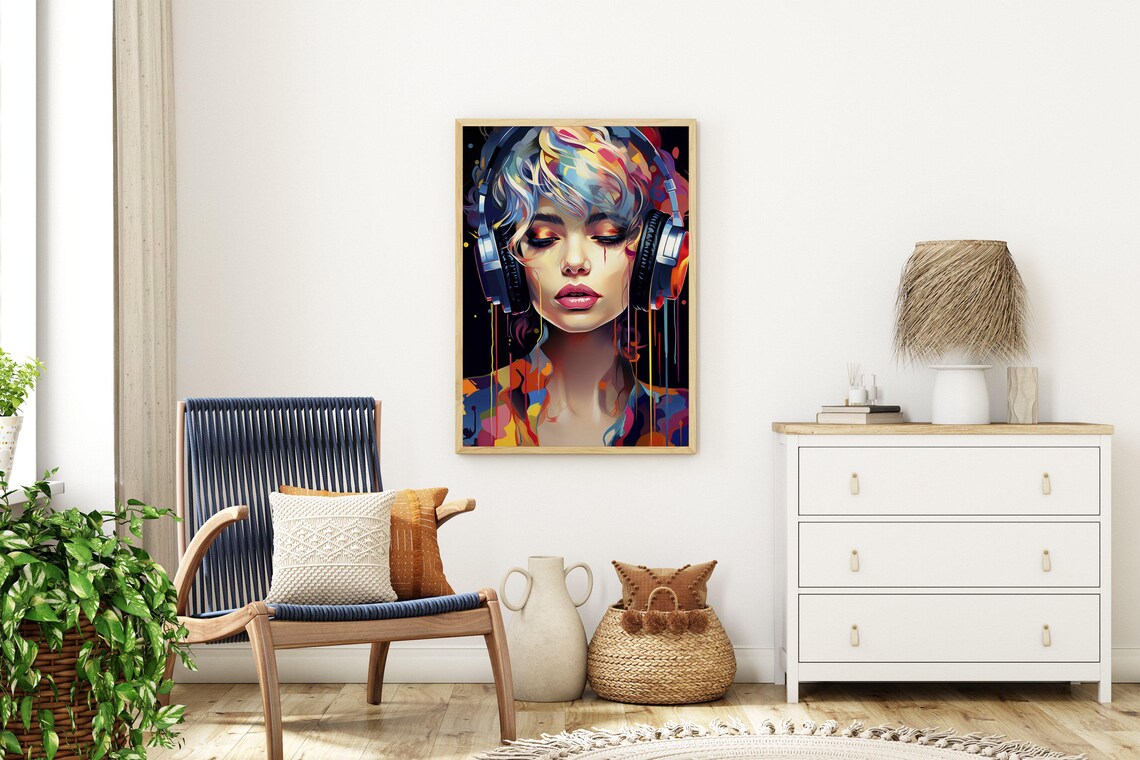 Colorful DJ Girl Portrait Wearing Headphones With Vibrant Drip Paint Poster - Image 3