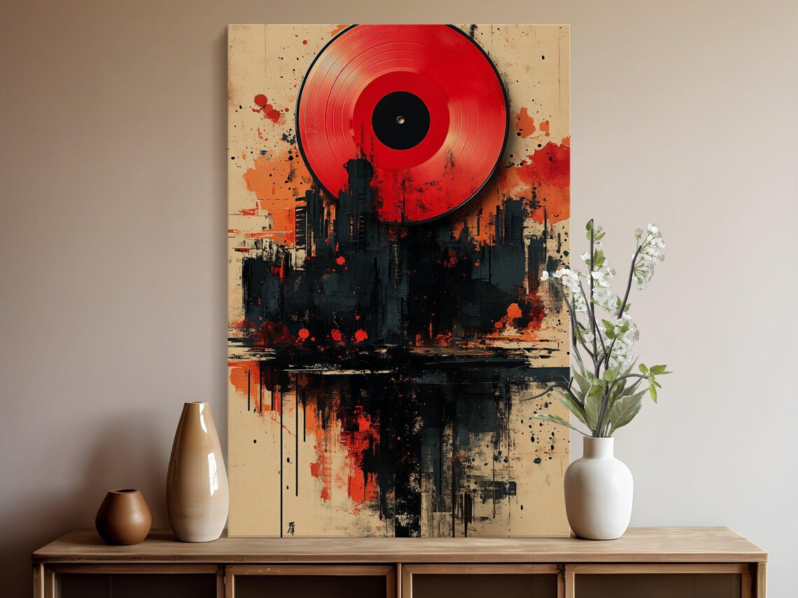 Red Vinyl Record Sun Rising Over A Dark Grungy Cityscape Wall Art - Image 5