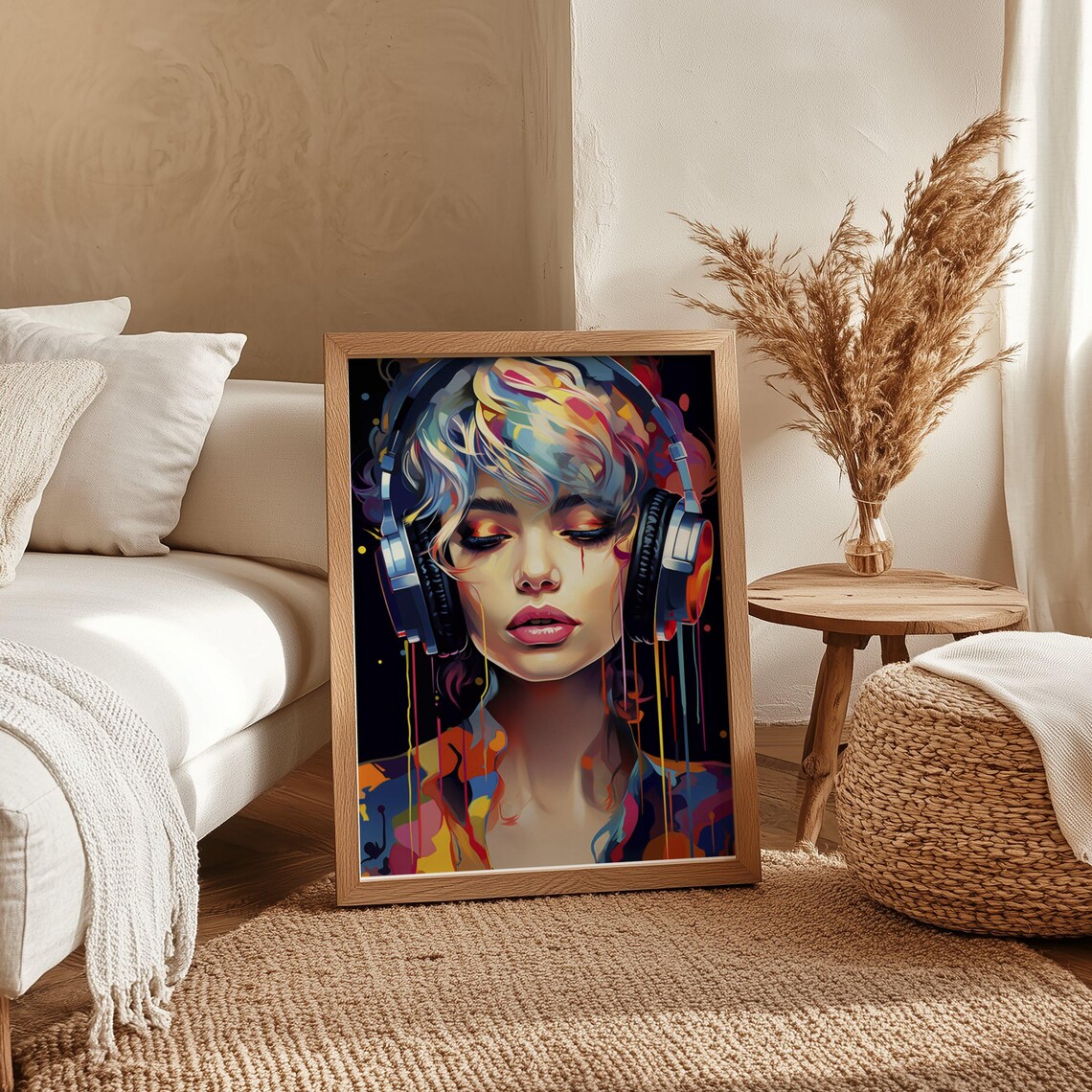 Colorful DJ Girl Portrait Wearing Headphones With Vibrant Drip Paint Poster - Image 4