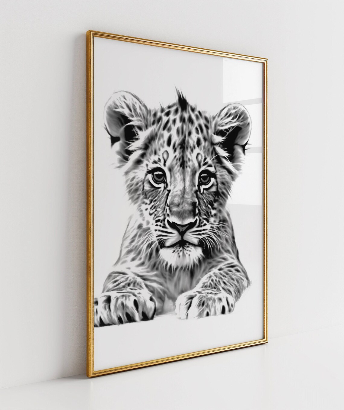 Baby Lion Cub Black and White Safari Wildlife Animal Art Poster - Image 3