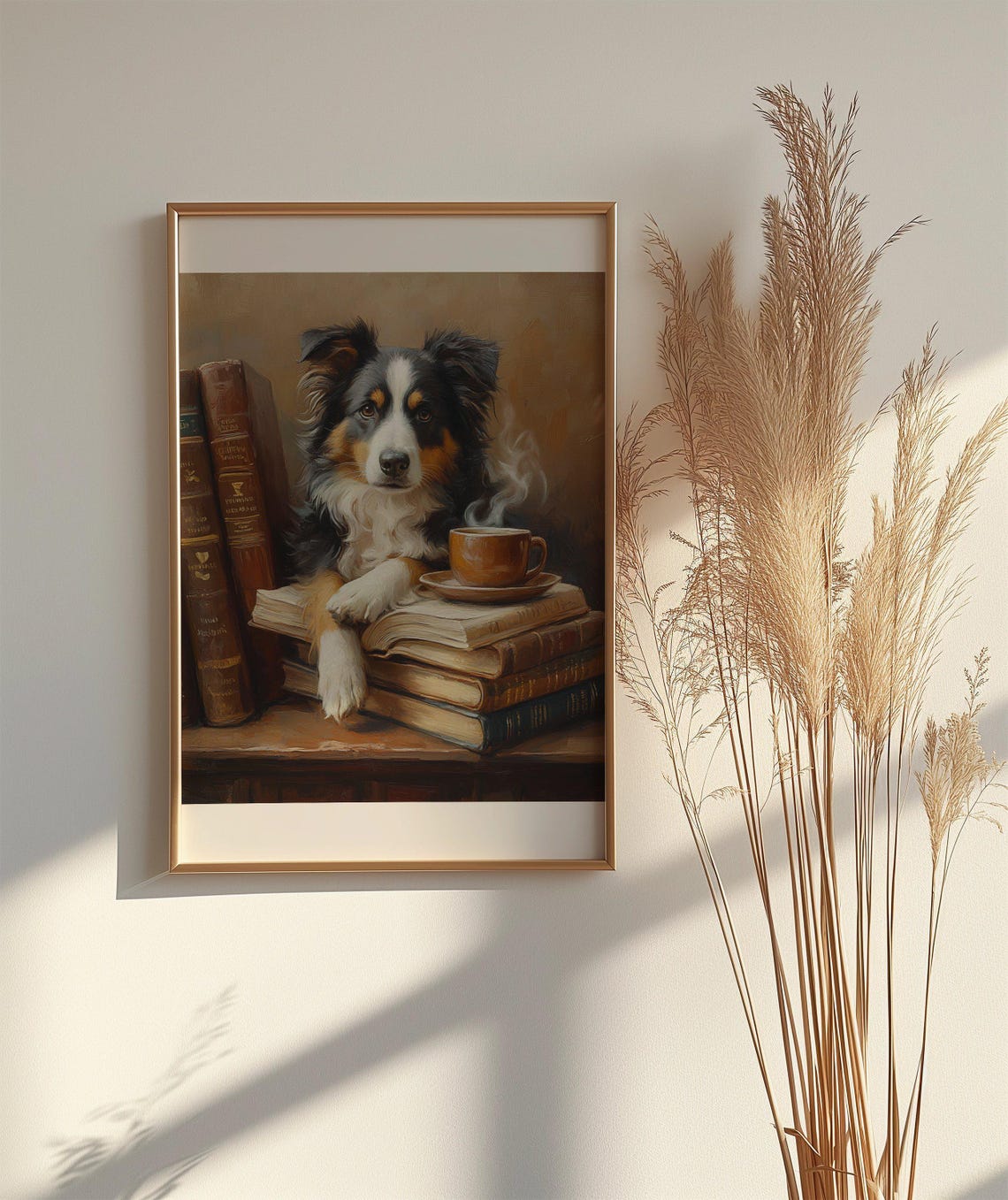 Fluffy Australian Shepherd Dog with Books and Coffee Art Poster - Image 2