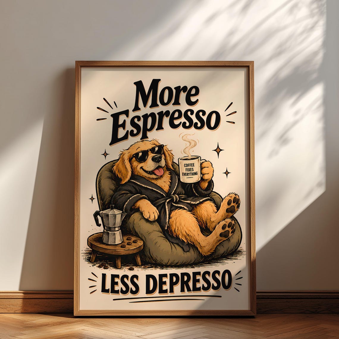 More Espresso Less Depresso Funny Golden Retriever Coffee Dog Poster