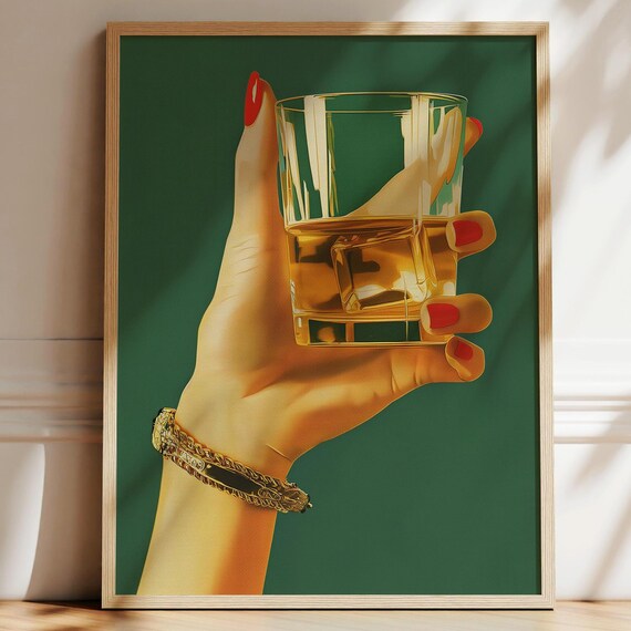 Woman Holding Whiskey Glass Retro Cocktail Bar Cart Wall Decor Poster